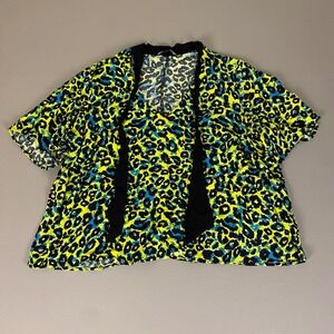 New Look ‎ Leopard Print Bright Blouse Top Plus Size 3X Tie Neck Short Sleeve